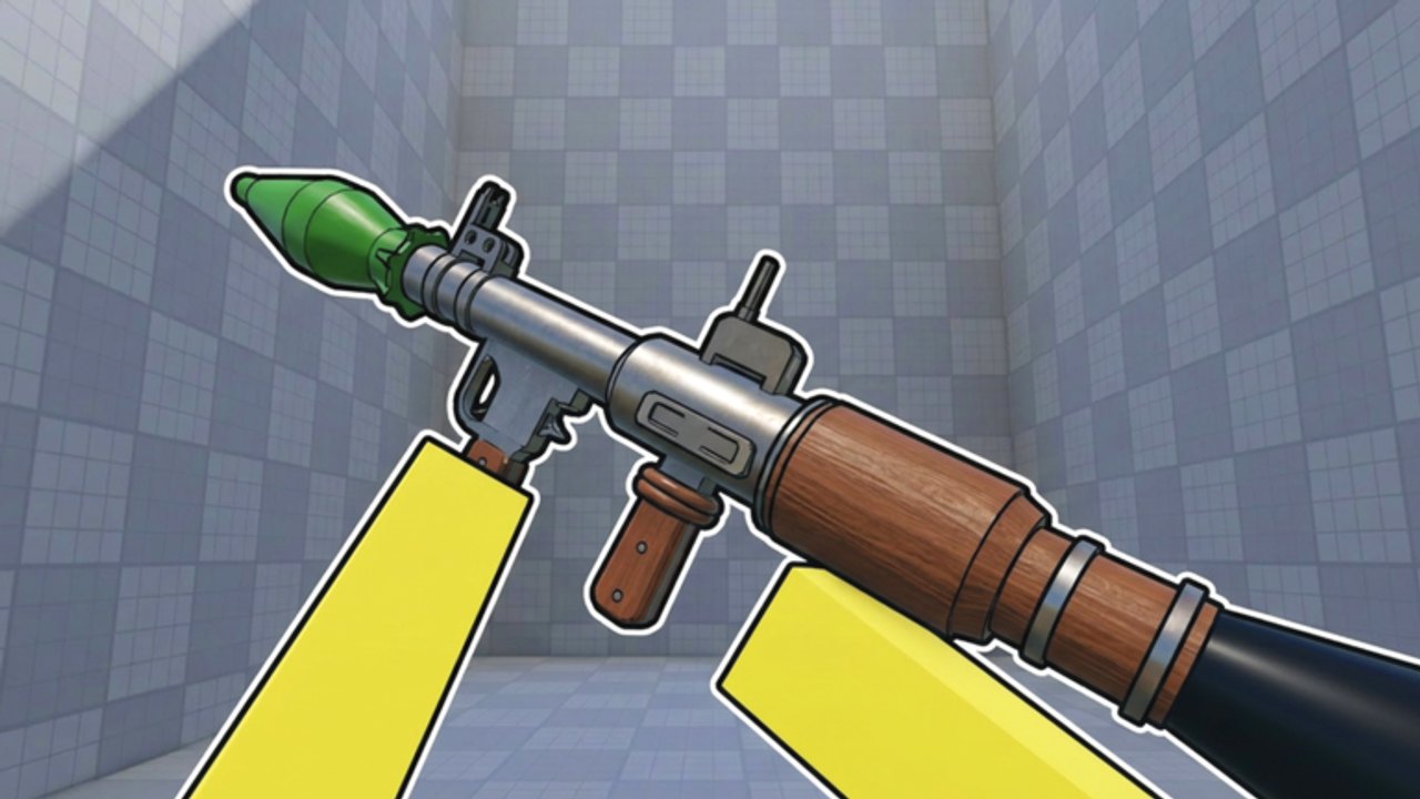 First-person view of the Rocket Rumble launcher with a green warhead inside a tiled arena